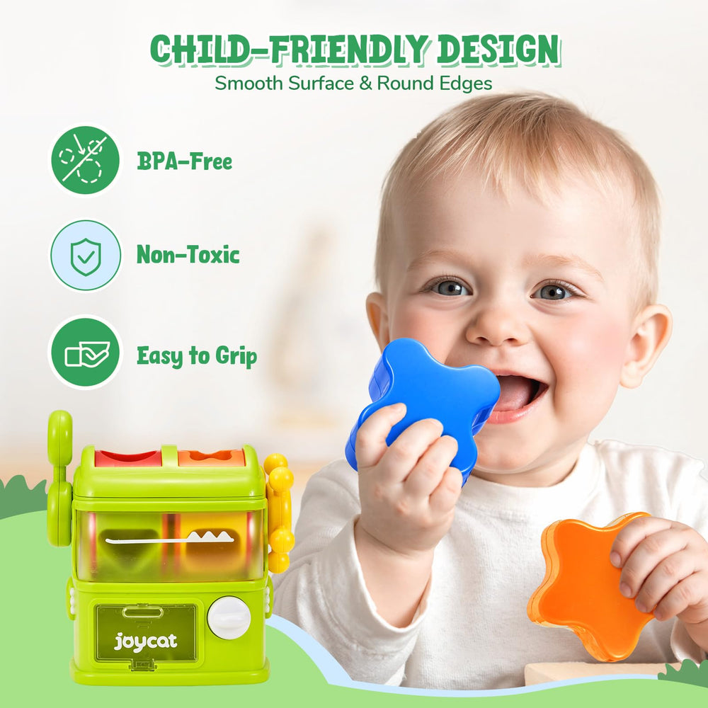 JoyCat Monster Eating The Shapes rattle sounds accompany blocks during play.