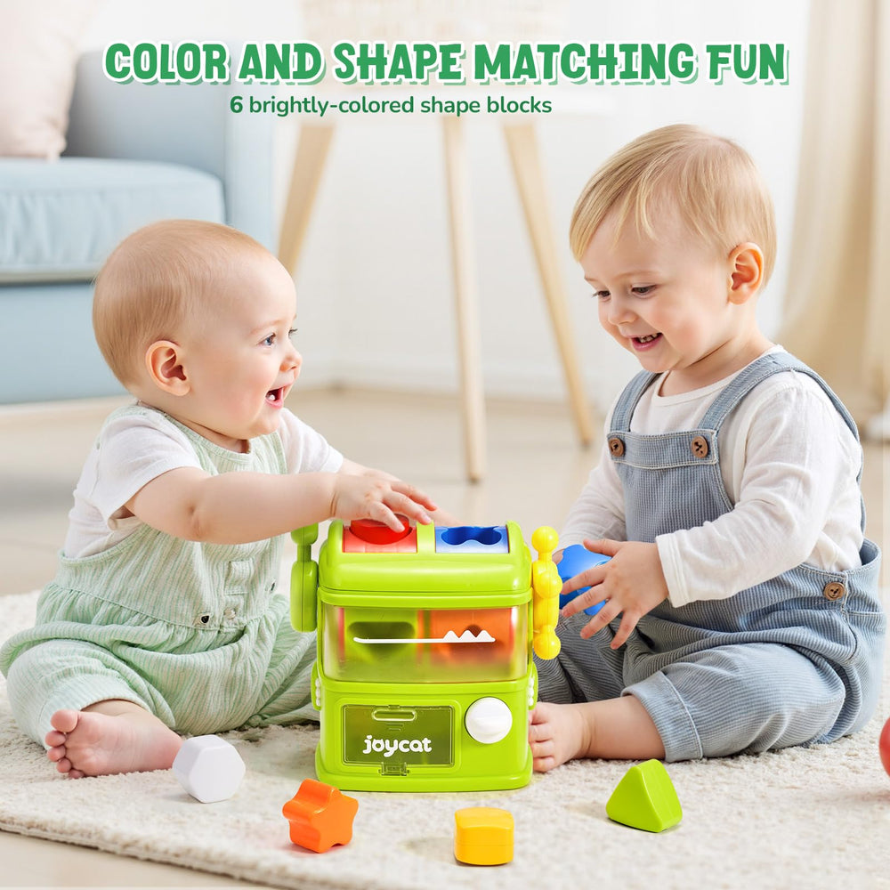 JoyCat Monster Eating The Shapes storage bin keeps blocks organized after play.