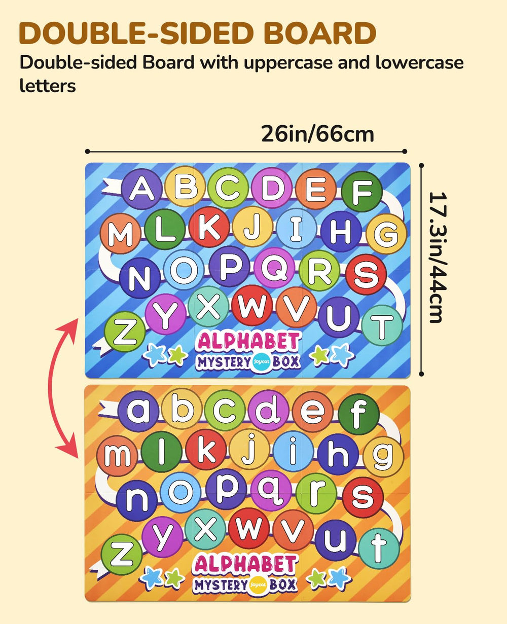 JoyCat double-sided game board shows uppercase and lowercase letters for matching.