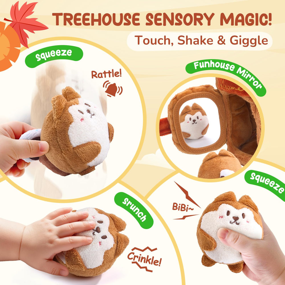 JoyCat treehouse with crinkle squirrels enhances tactile exploration during play.