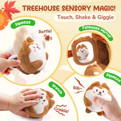 JoyCat treehouse with crinkle squirrels enhances tactile exploration during play.