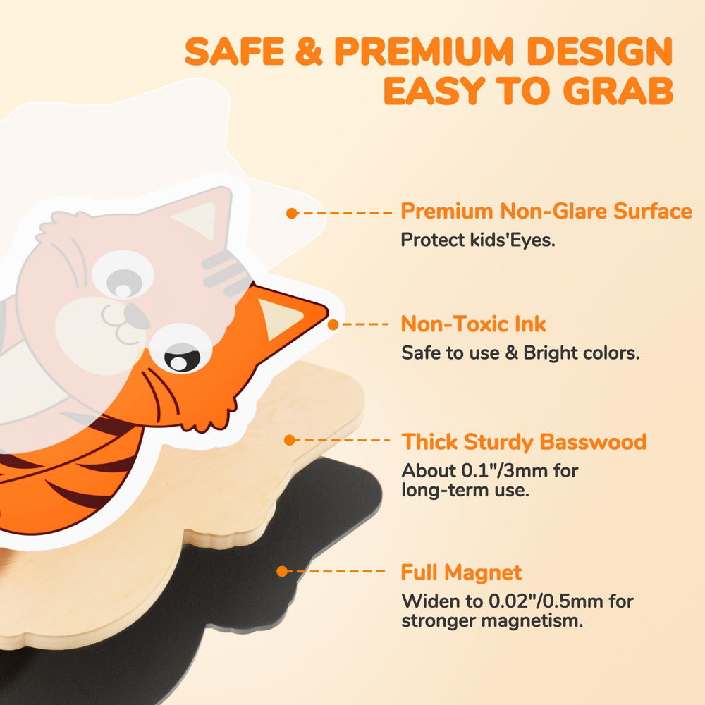 JoyCat magnets with basswood interlayer for easy toddler grip.