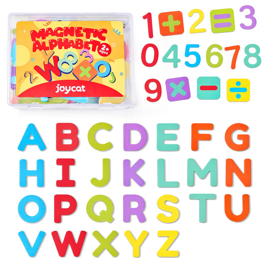 JoyCat wooden letters on the fridge support early literacy and color sorting.