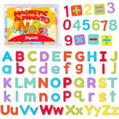 JoyCat wooden magnetic set on fridge for interactive literacy and math play
