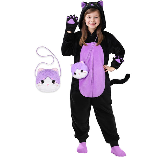 Joycover black cat costume for girls with hooded onesie and ears for cozy Halloween dress-up.