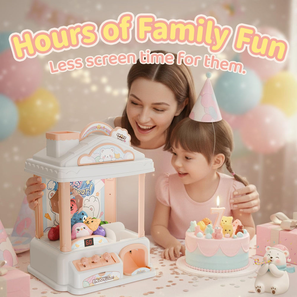 Joyfox Snow Hut Mini Claw Machine side view highlights compact size for small playrooms.