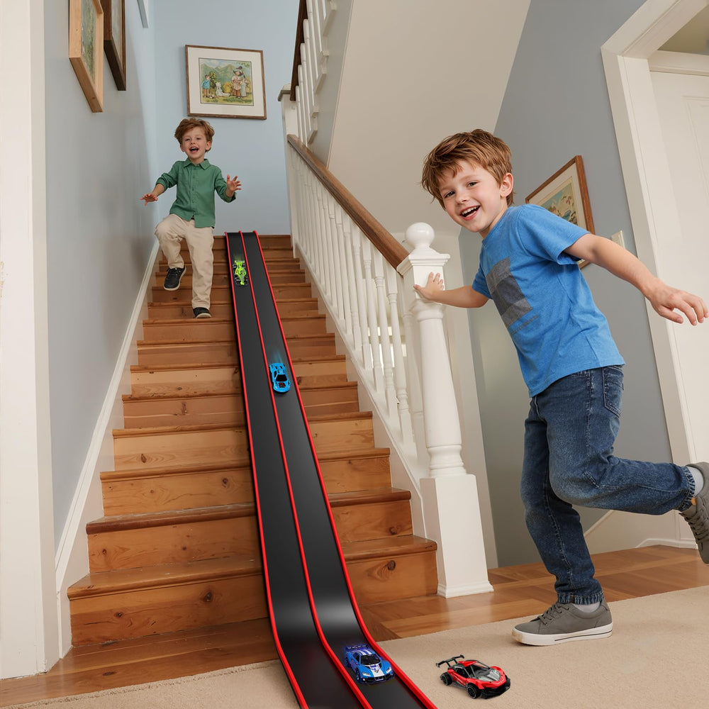 Joyfresh suction cups securing the track to a smooth surface for stable play.