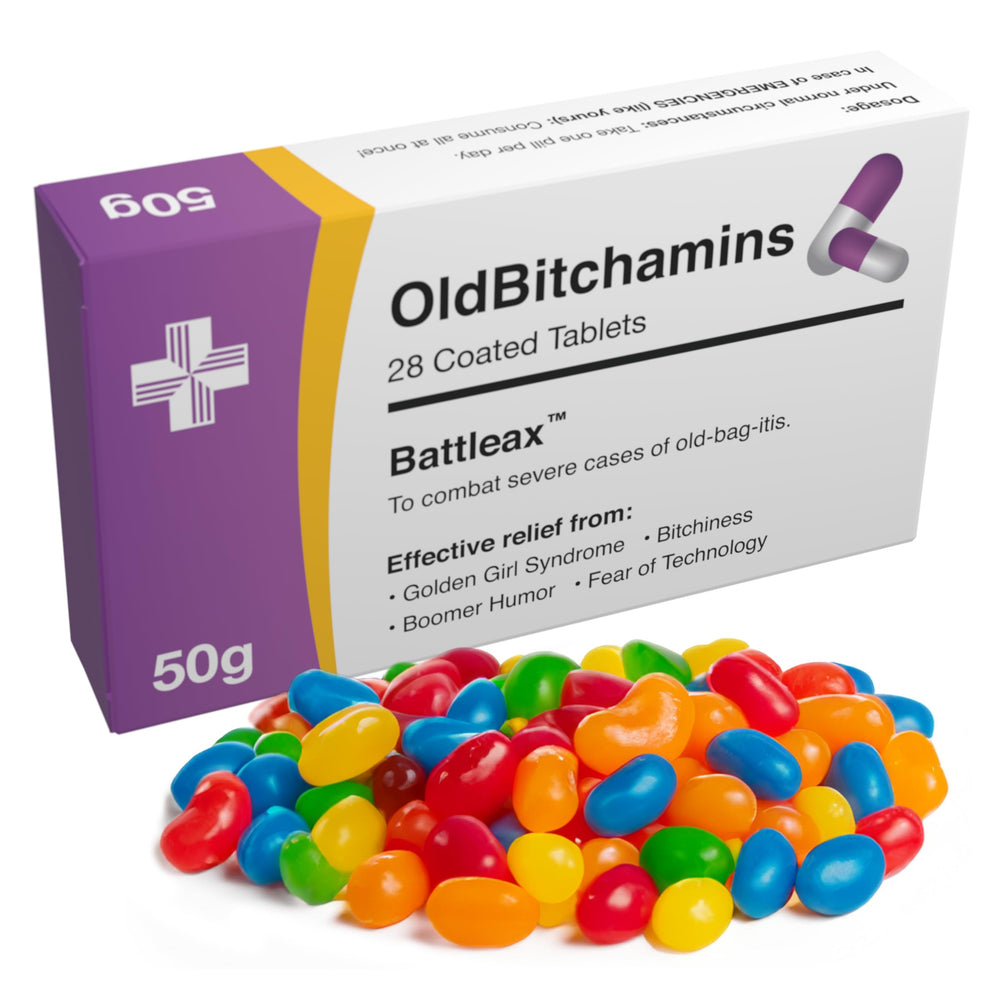 Joyful Clan joke-prank-pill-box front view with jelly beans for playful gifting.