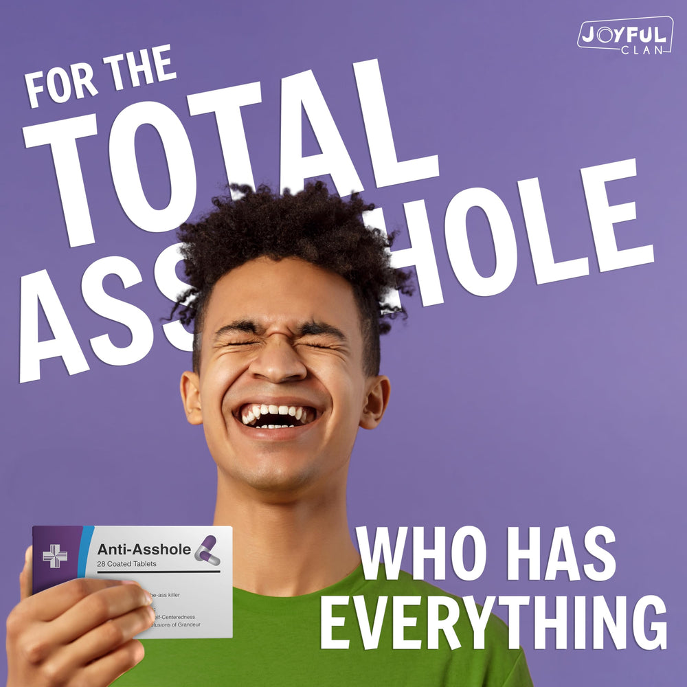 Joyful Clan pill box mock label detail for a convincing gag gift.