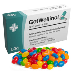 Joyful Clan GetWellinol jelly beans in a prescription box, a cheerful get-well gift.