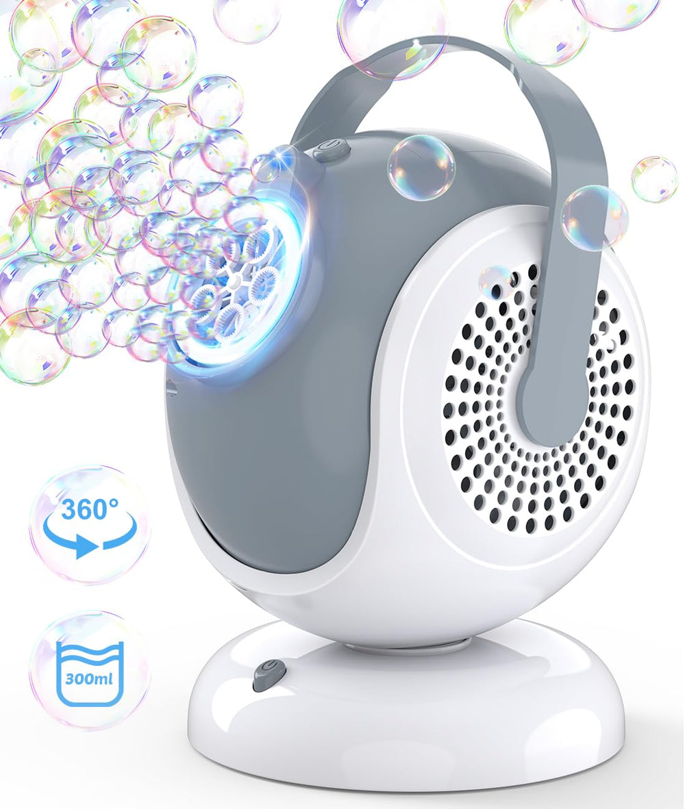Joyfuture bubble machine demonstrates 360° rotation for wide outdoor bubble coverage.