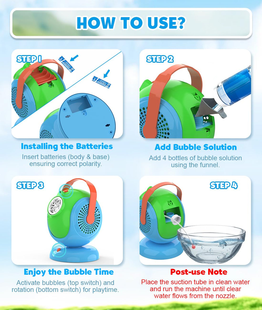 In-box Joyfuture Bubble Machine setup includes four 50ml bottles, batteries, and a funnel.