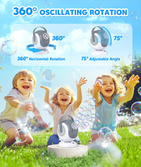 Joyfuture bubble machine with LED glow enhances evening outdoor parties.