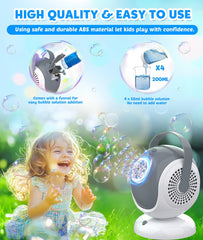 Joyfuture bubble machine features a sealed 300ml solution storage for extended play.