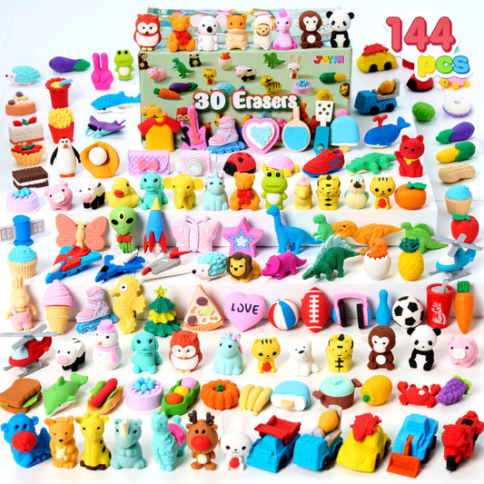 JOYIN 144Pcs Animal Erasers pack—colorful 3D designs for classroom fun and erasing