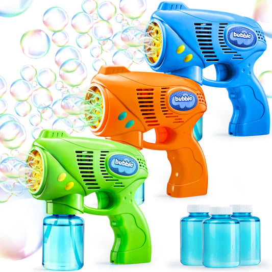 JOYIN 3-bubble-guns-set packaging with vibrant colors for outdoor bubble play.