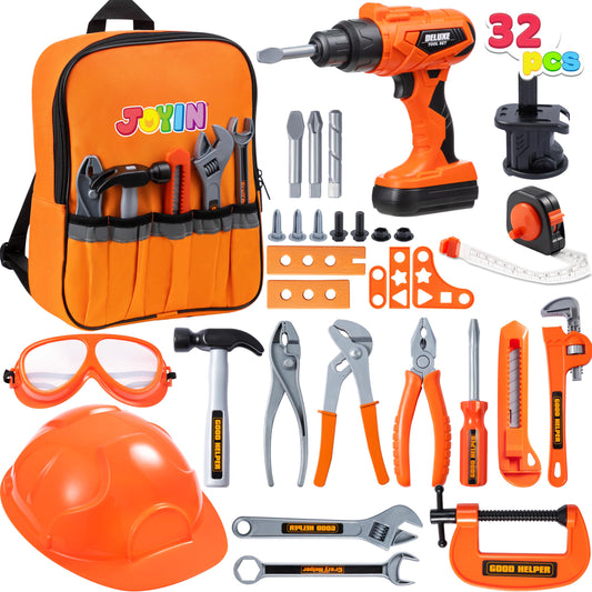 JOYIN 32-piece kids tool set with backpack for pretend play and organization.
