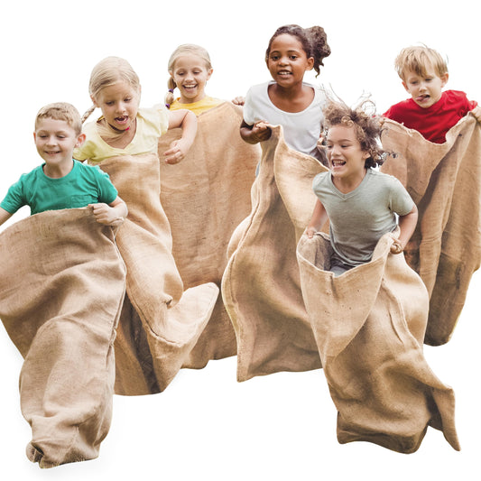 JOYIN 6-pack burlap potato sacks in 39x25 inches, ready for outdoor race games.