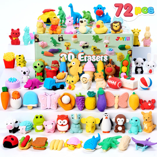 JOYIN 72Pcs animal erasers set with puzzle pieces for creative learning and desk fun