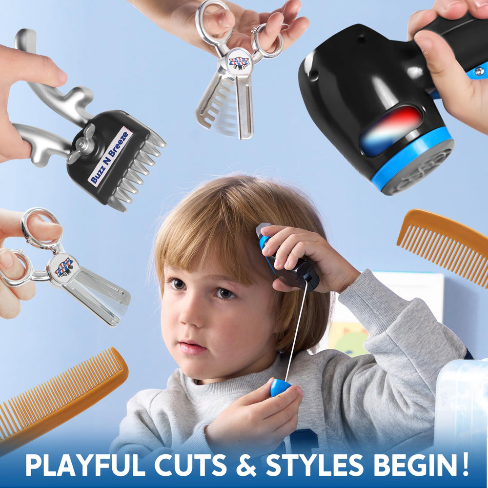 JOYIN Barber Shop pretend kit mirror reflecting colorful grooming sessions.