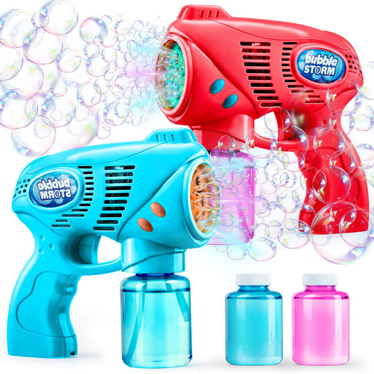 JOYIN bubble guns in red and blue for outdoor family fun and photos.