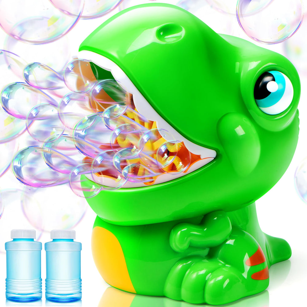 JOYIN Dinosaur Bubble Machine front view in vibrant green, ideal for outdoor party fun.