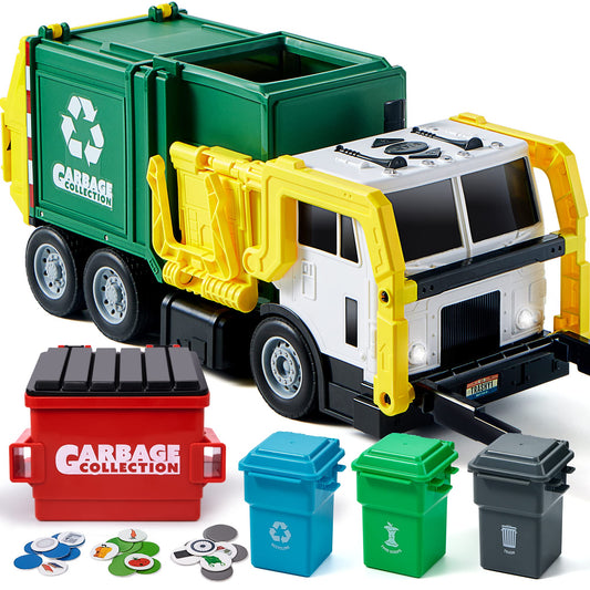JOYIN large friction-powered garbage truck front dump for imaginative play and motor skills.