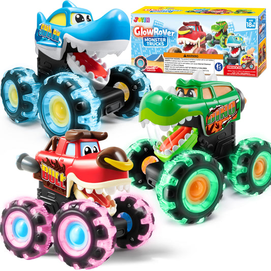 JOYIN monster truck shark with glowing wheels enhances toddler play in low light.