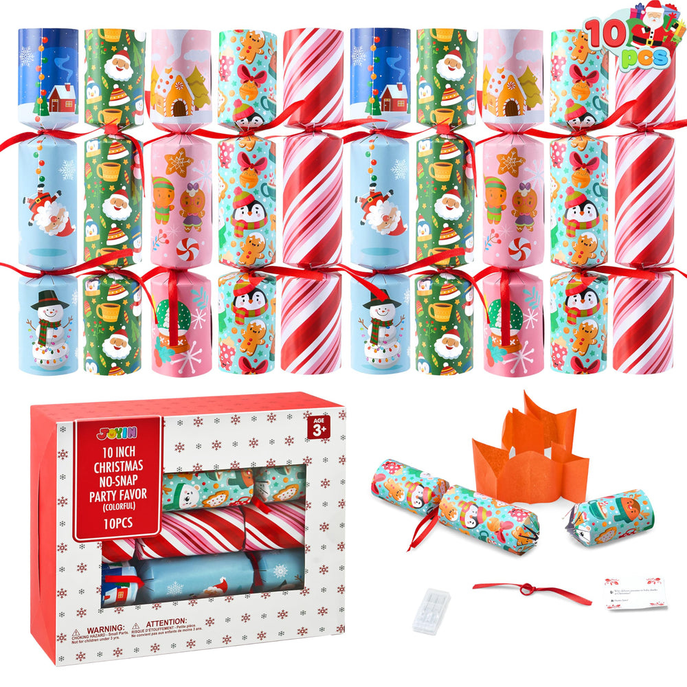 JOYIN no-snap Christmas party favors 10-pack on a festive table for easy decorating