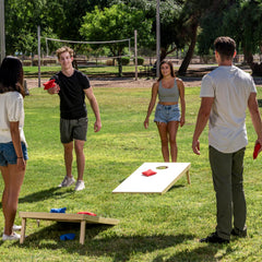 JOYIN outdoor party setup showing quick, easy cornhole setup for gatherings