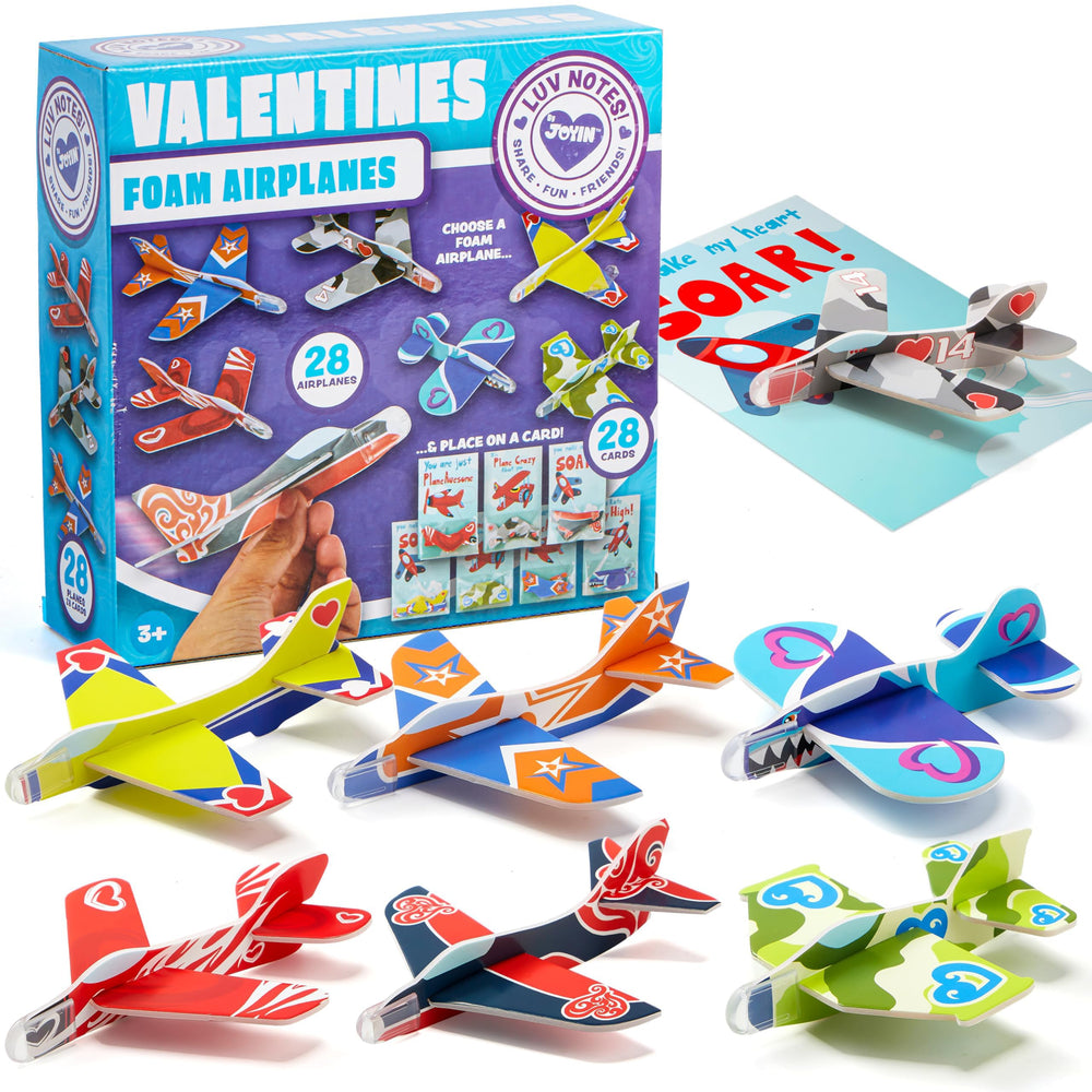 JOYIN Valentines foam airplane cards 28-pack for classroom exchanges.