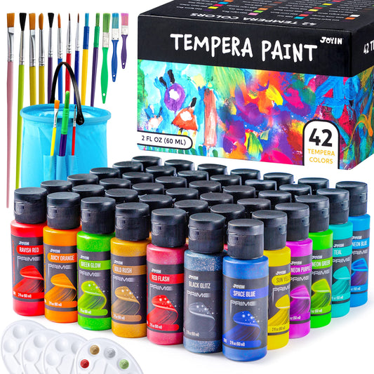 JOYIN washable tempera paint set with 42 colors for versatile kid-friendly art projects.