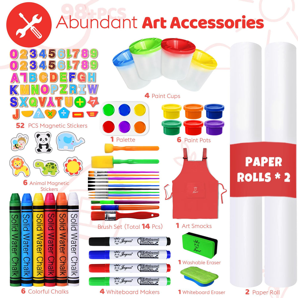 Comprehensive kit with paints, brushes, chalk and magnets for versatile projects.