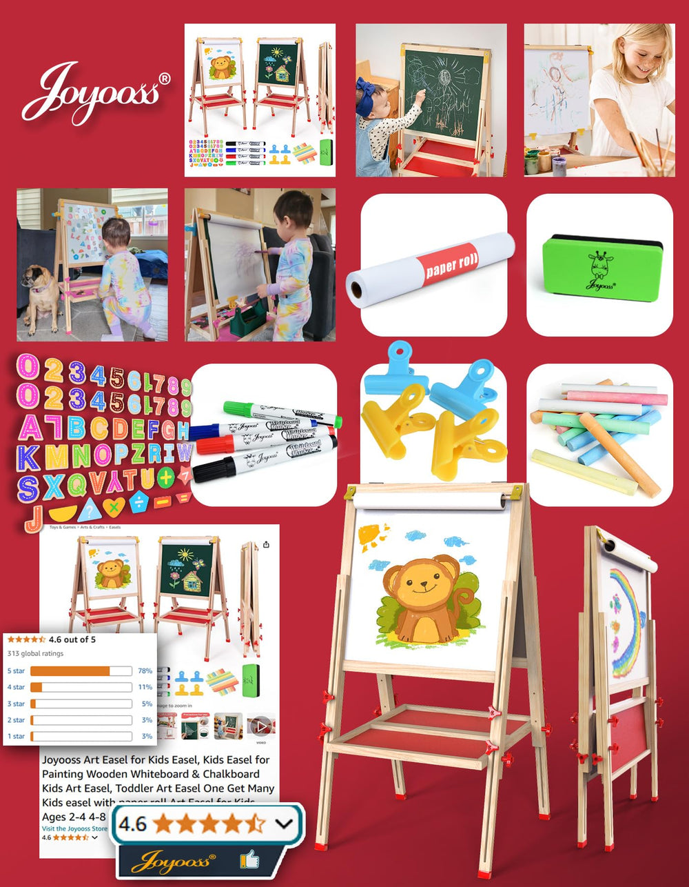 Joyooss Complete accessory pack includes markers, chalk, eraser, magnets, clips.