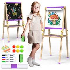 JOYOOSS easel with double-sided board for whiteboard and chalkboard boosts creative play.