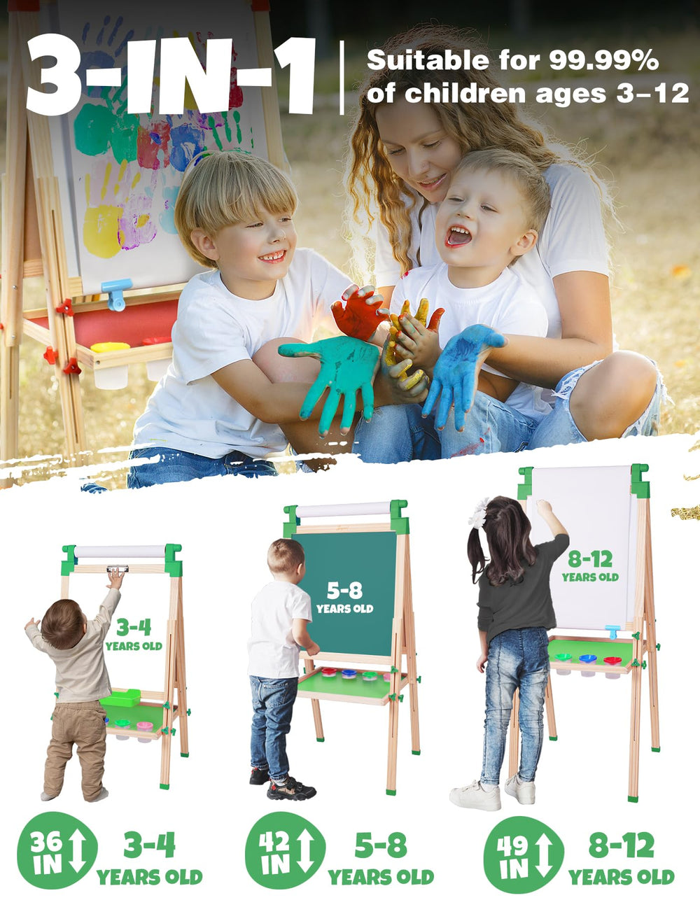 JOYOOSS adjustable-height wooden easel suitable for growing children