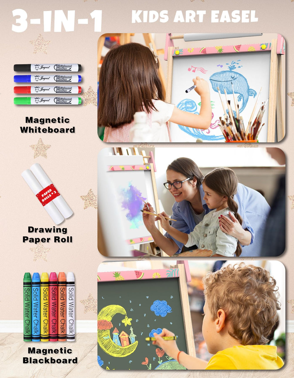 Joyooss kids art supplies pack adds brushes, paints, and accessories for quick setup.