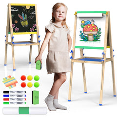 Joyooss Kids Easel double-sided board boosts creativity with whiteboard and chalkboard surfaces.
