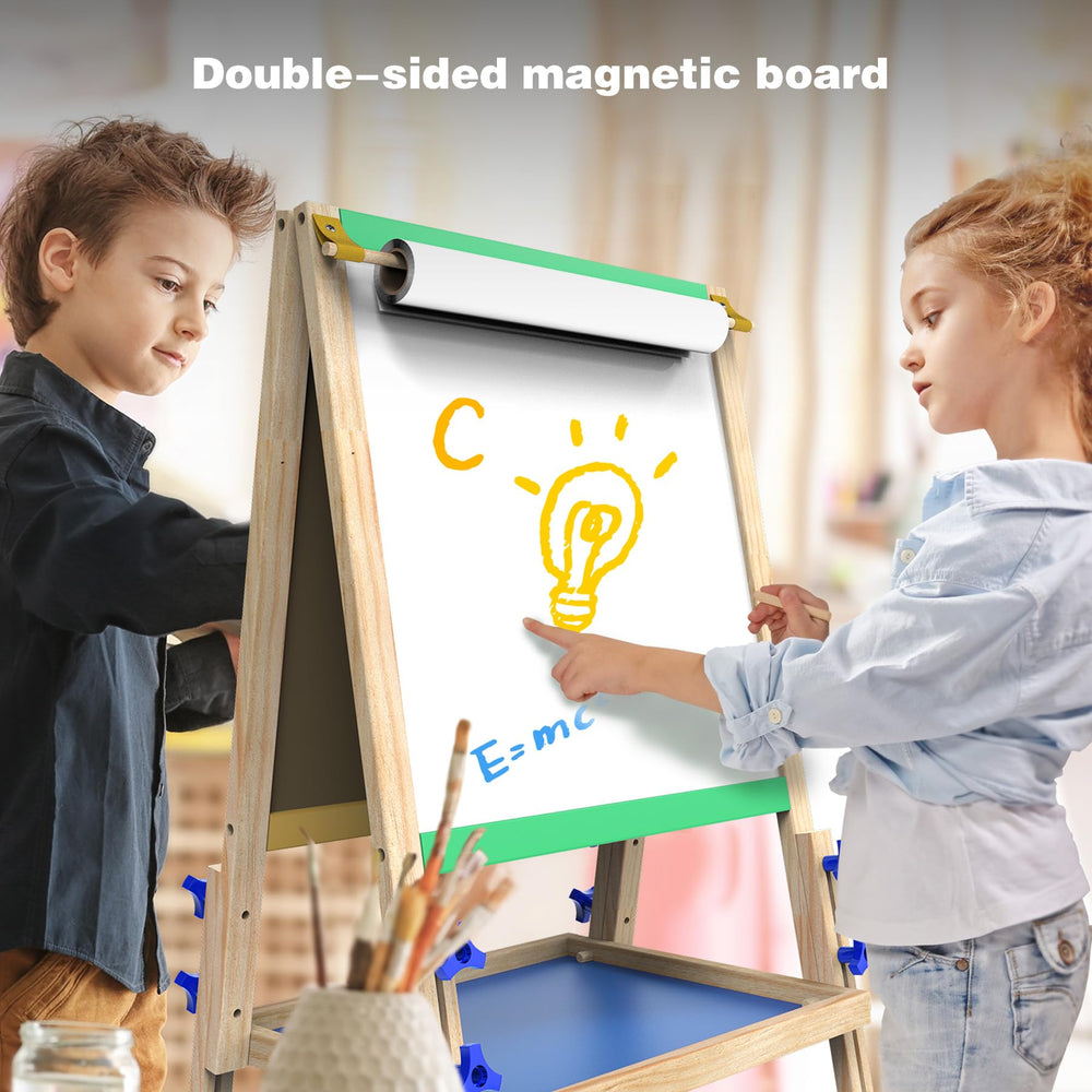 Joyooss Kids Easel pull-down paper canvas enables shared art projects.