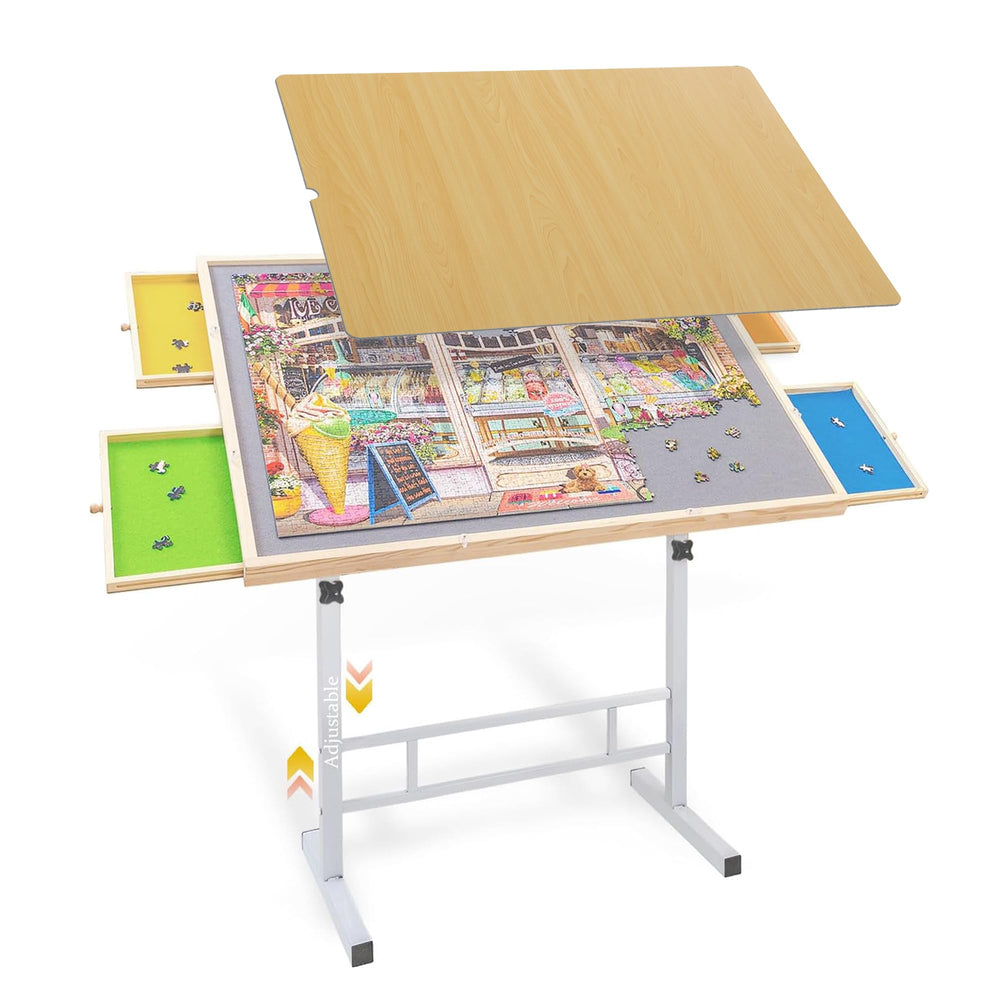 JoyPcsTable puzzle table with drawers keeps pieces organized during family game night.