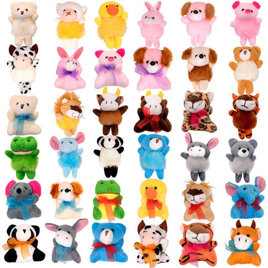 JoyRapt 36-pack small stuffed animals in assorted designs for kids' rewards.