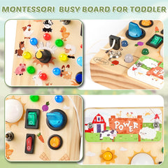 Joyreal Busy Board with Interactive Switches promotes hand-eye coordination and color recognition.