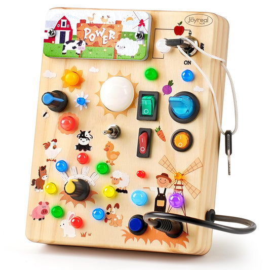 Joyreal Farm Theme Busy Board with LED Lights enhances fine motor skills during play.
