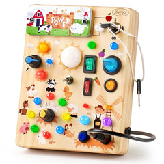 Joyreal Farm Theme Busy Board with LED Lights enhances fine motor skills during play.