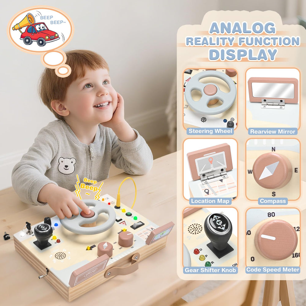 Joyreal Busy Board LED lights enhance sensory exploration for toddlers.