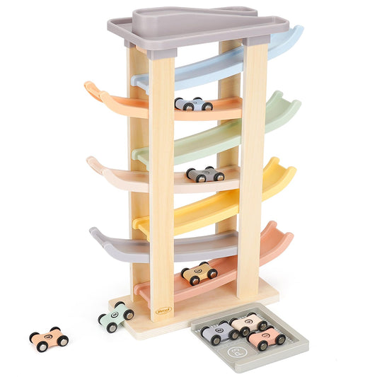 Joyreal 7-level wooden car ramp for immersive, screen-free play.