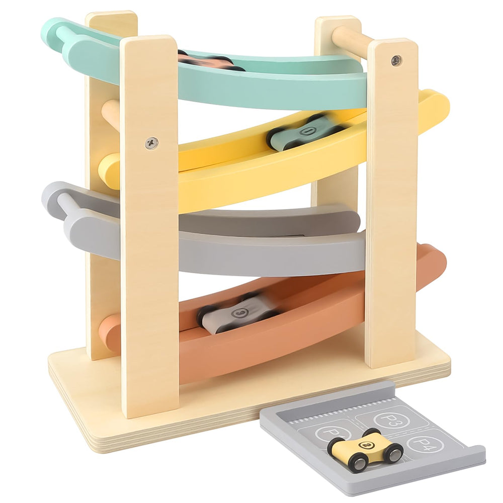 Joyreal Montessori wooden car ramp with pastel colors for calm, focused play.