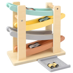 Joyreal Montessori wooden car ramp with pastel colors for calm, focused play.