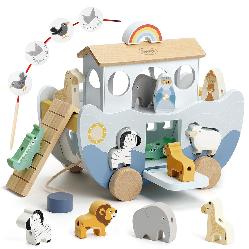 Joyreal Noah's Ark wooden playset showing the ark design for screen-free storytelling