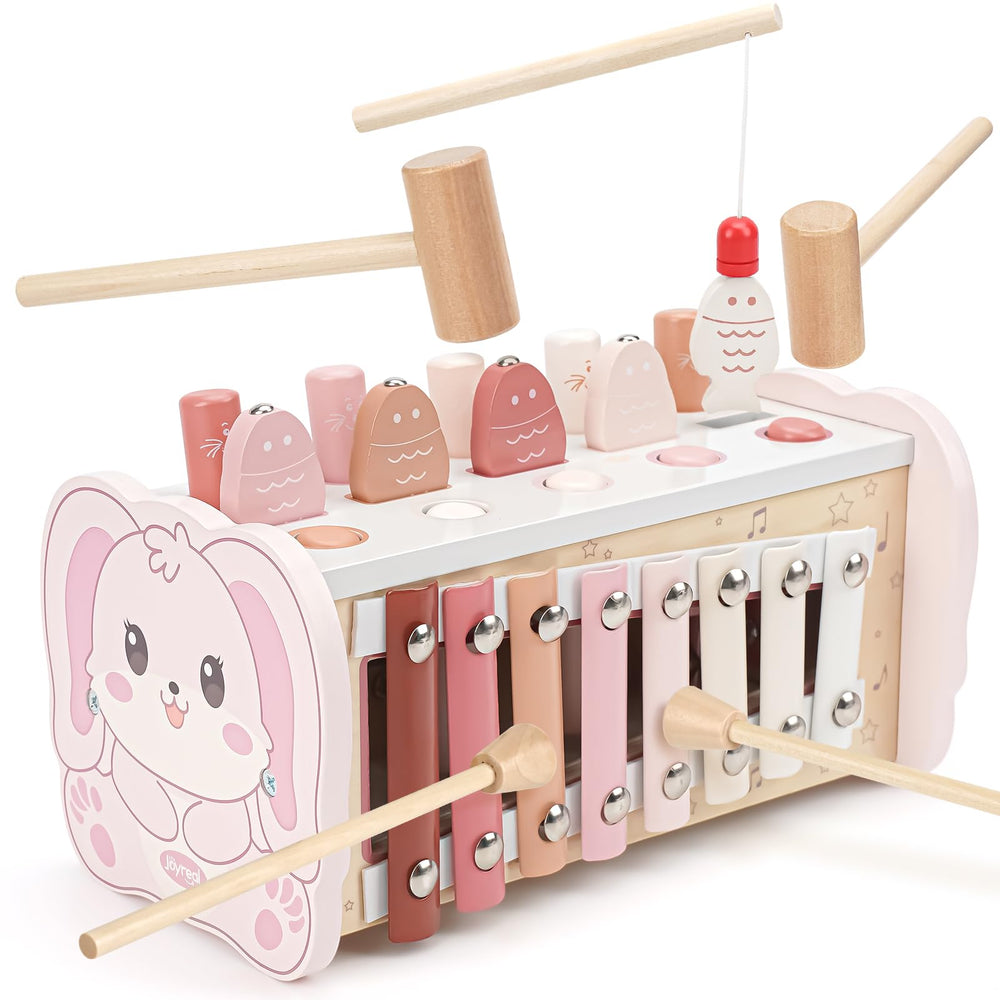 Joyreal pink wooden hammering bench boosts motor play and coordination.